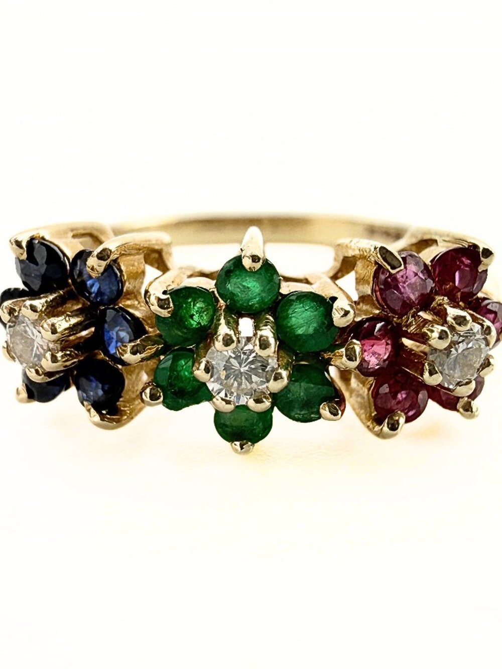 Estate 14K Gold Lab Emerald Diamonds Ruby Sapphire Floral Cluster Ring Sz 5